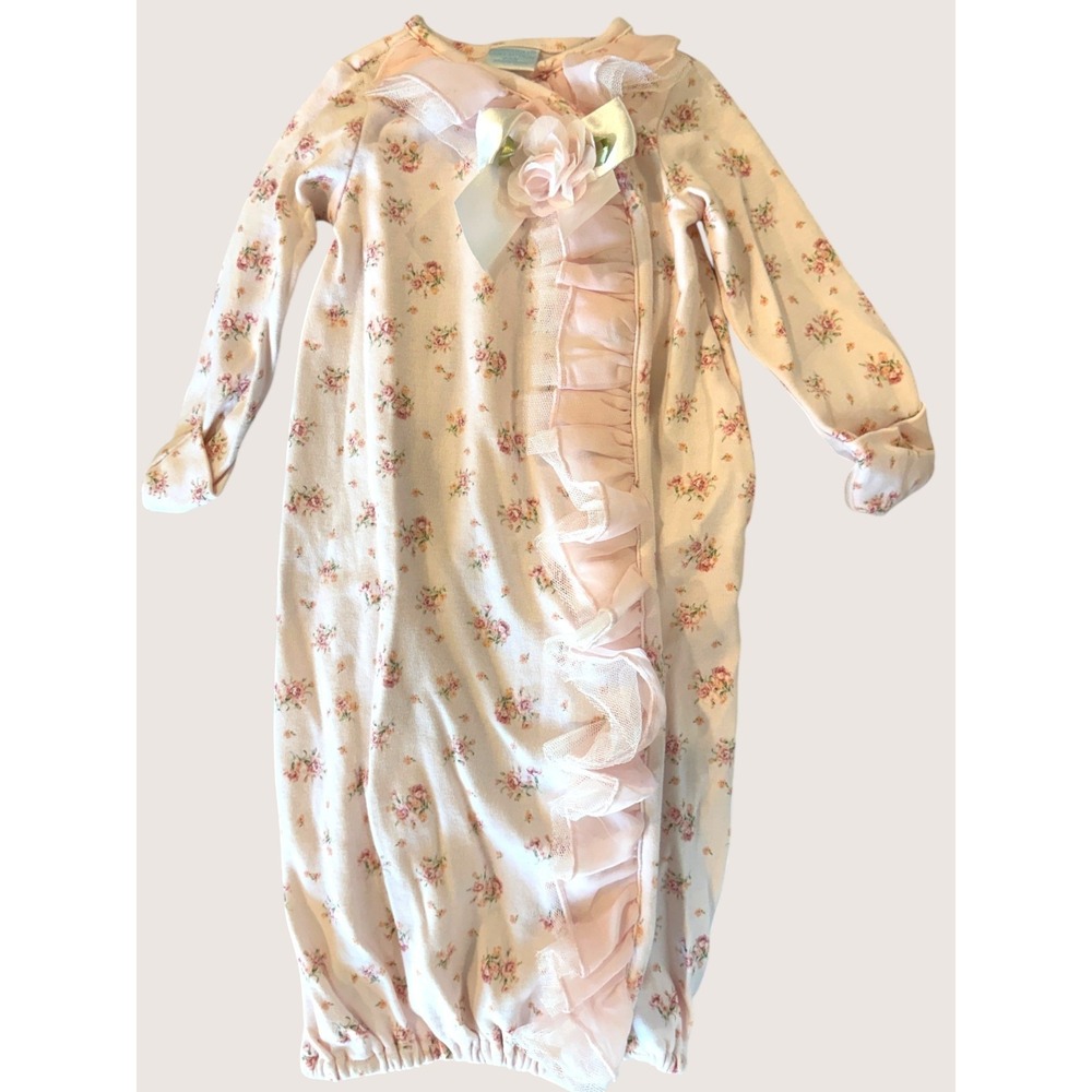 Edgehill Collection Newborn Gown Pink Rose Print Chiffon Ruffle Satin Bow Floral